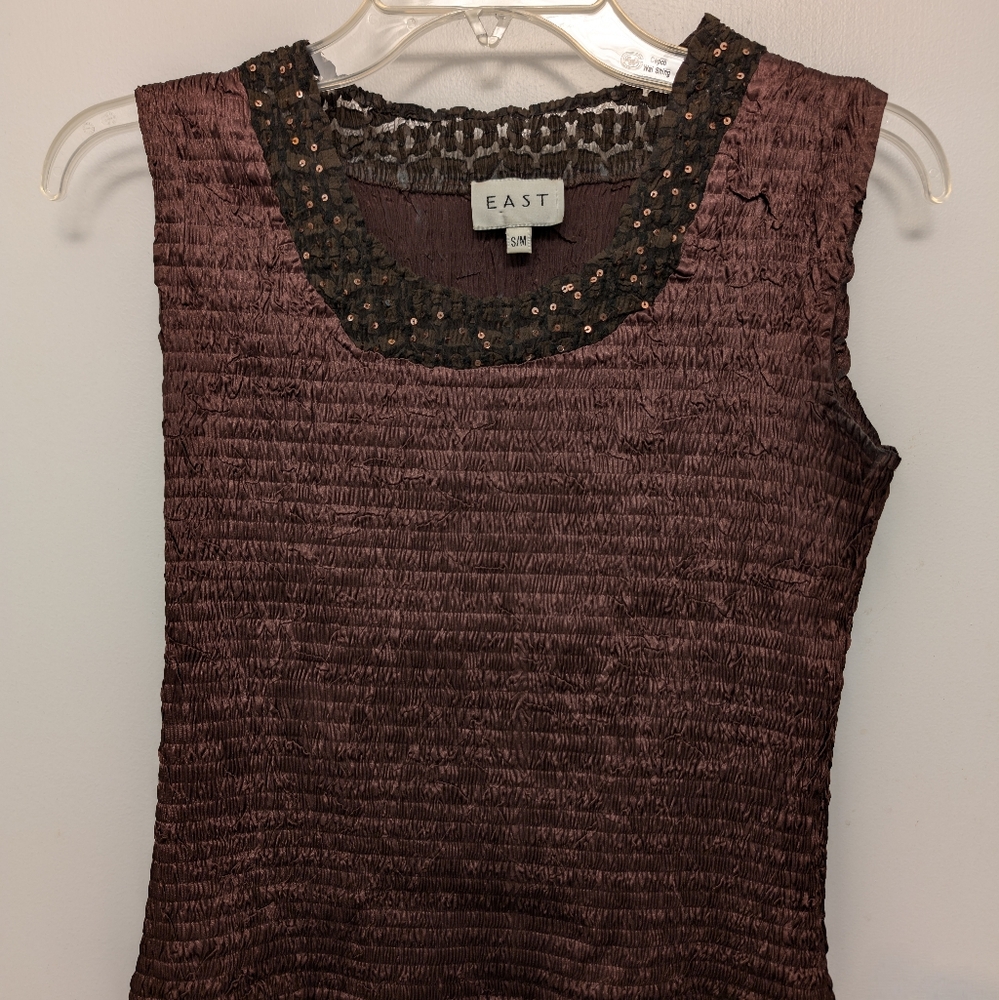 Brown sleeveless ruched top with sequined neck/hem, Size S